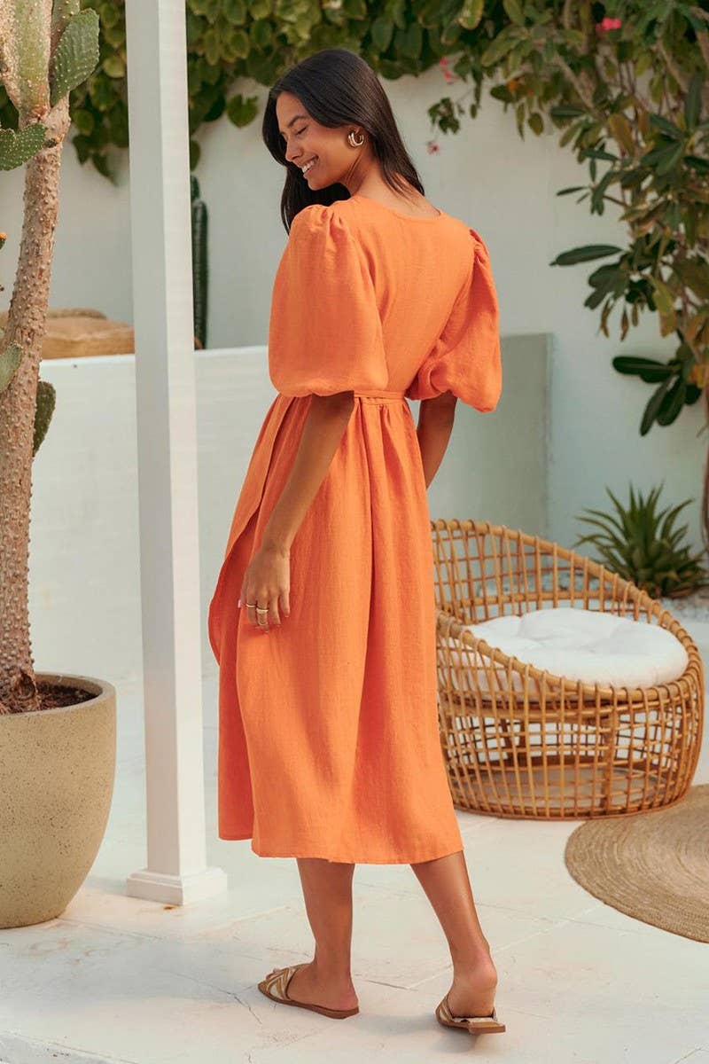 CWDMD5246_COTTON TIE-BACK PUFF SLEEVE MAXI DRESS