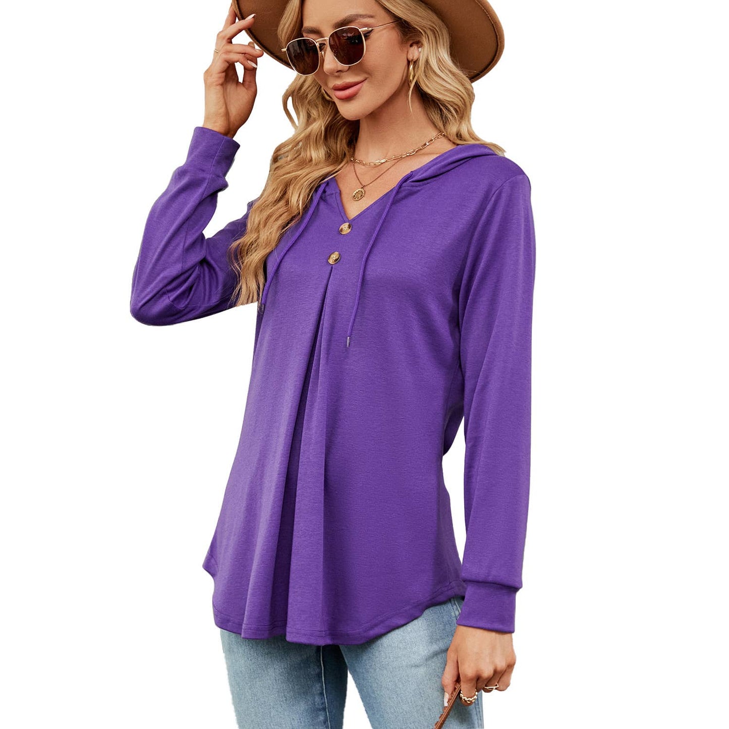 V-NECK BUTTON-UP HOODIE LOOSE LONG-SLEEVED HOODIE