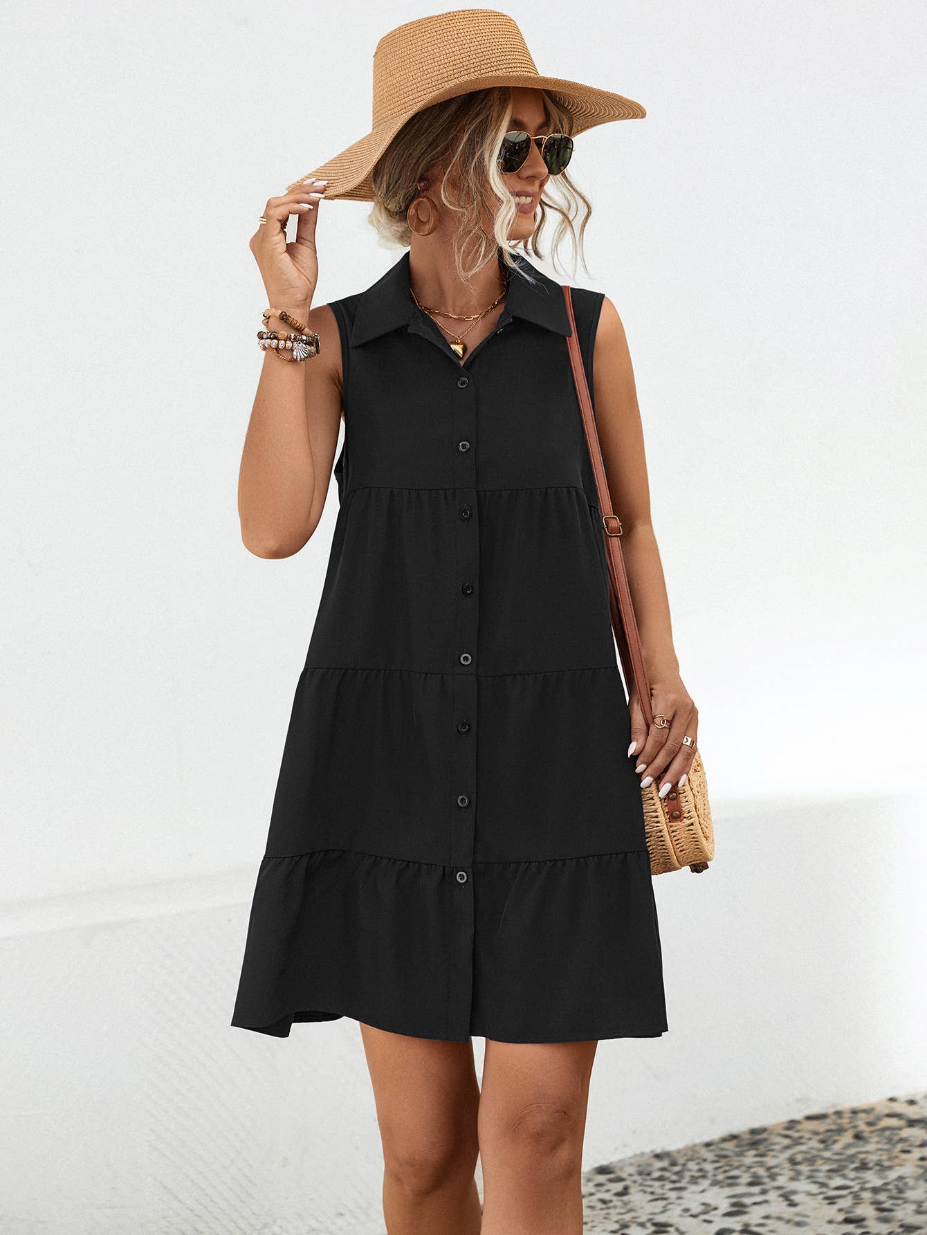 LAPEL PATCHWORK SLEEVELESS SOLID COLOR DRESS