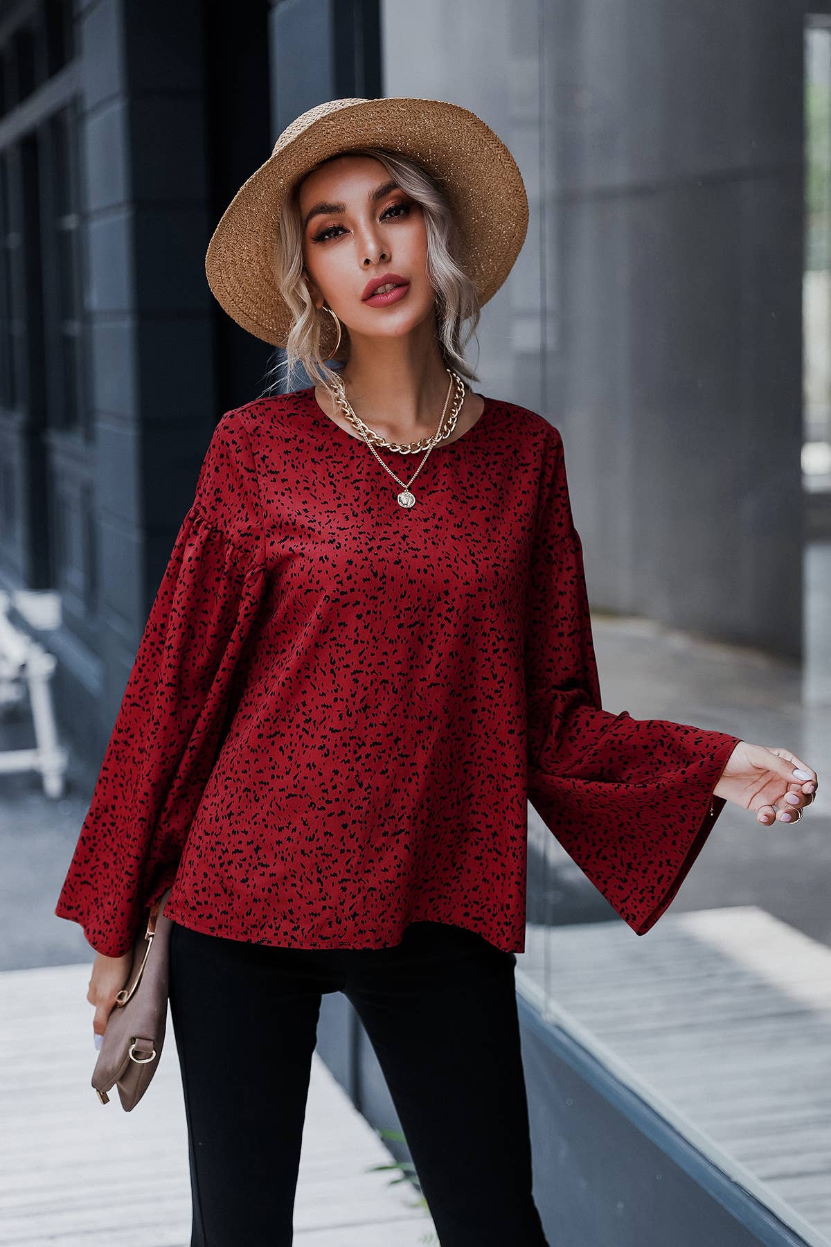 TEMPERAMENT CASUAL PRINTED TRUMPET SLEEVE TOP