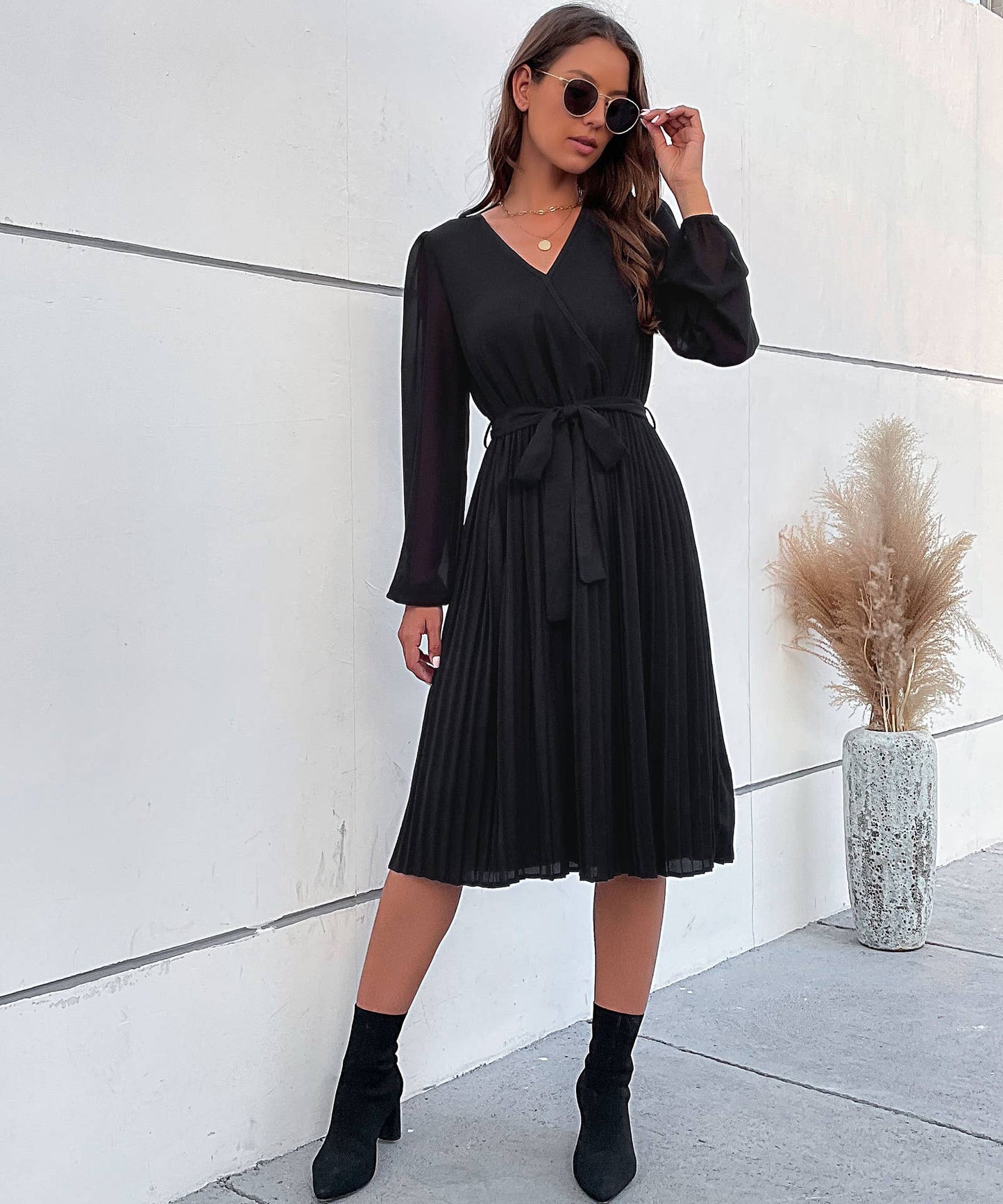 LACE PATCHWORK V-NECK LACE-UP PLEATED DRESS