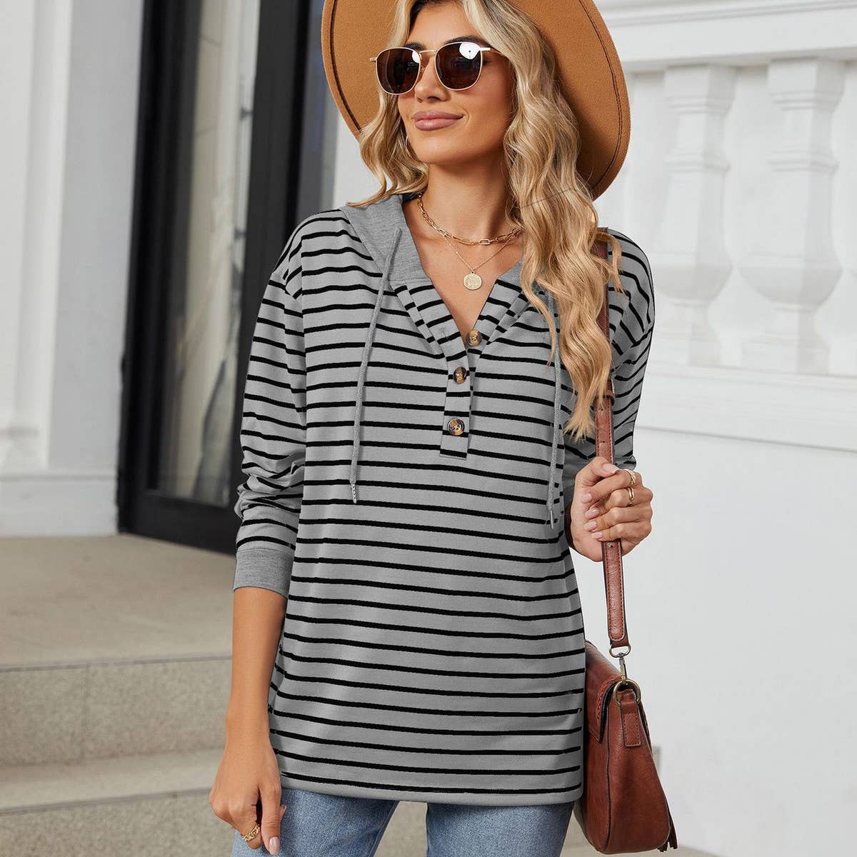 Hooded button drawstring long-sleeved hoodie