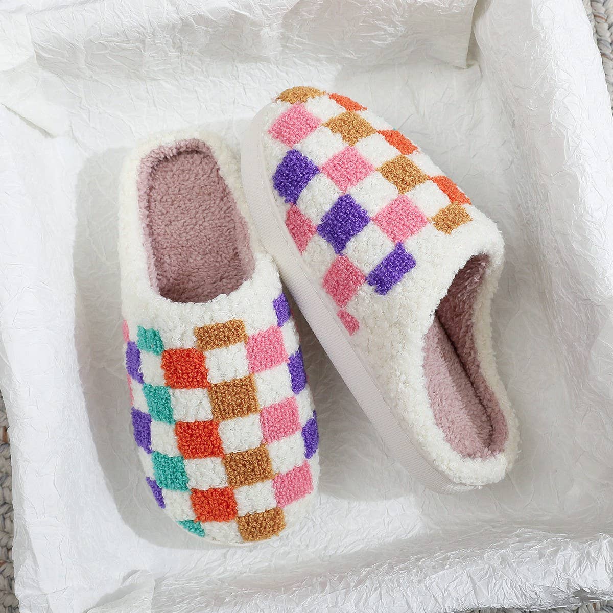 COLORFUL PLAID PRINT EMBROIDERED COTTON SLIPPERS