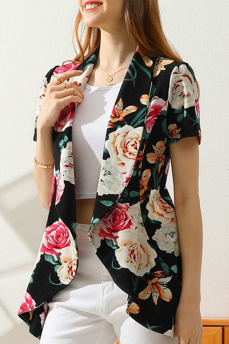 CWOBL095_Short Sleeve Open Front Draped Ruffles Blouses