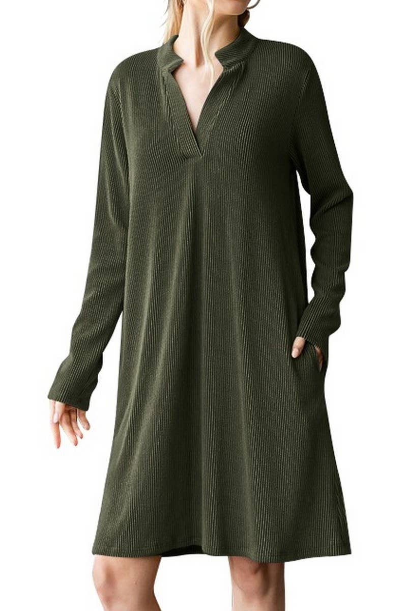 CWDSD6681_SOLID COLOR V-NECK LONG SLEEVE LOOSE DRESS