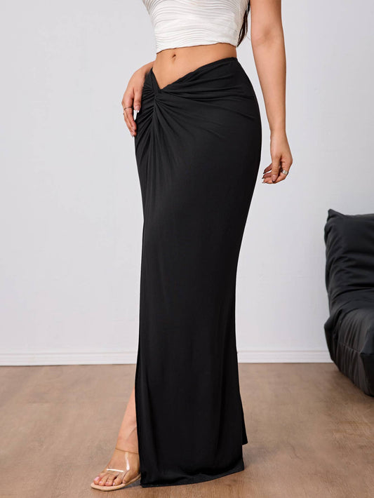 High-waisted slit elegant solid color long skirt