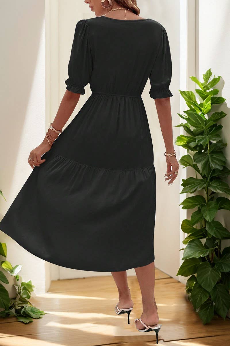 CWDMD5783_CASUAL RUCHED PUFF SLEEVE V-NECK SOLID DRESS