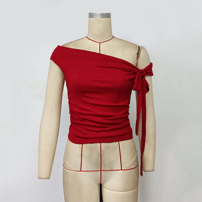 Slim Fit Red Off Shoulder Tie Front Tee