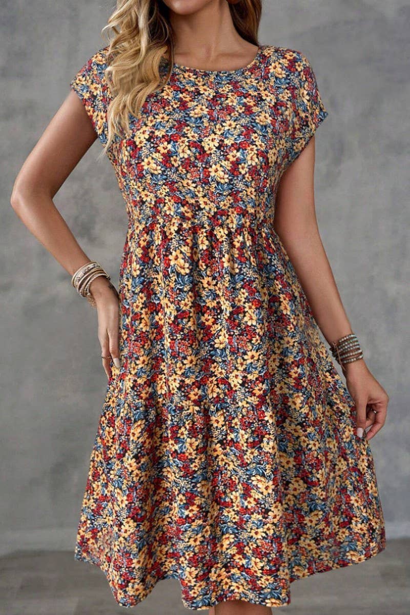 CWDSD8379_PRINTED ELASTIC WAIST SHORT SLEEVE DRESS