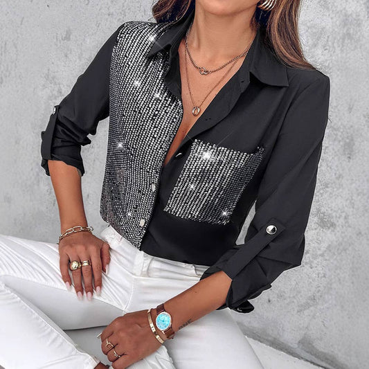 SOLID COLOR BEADED PATCHWORK LAPEL SHIRT