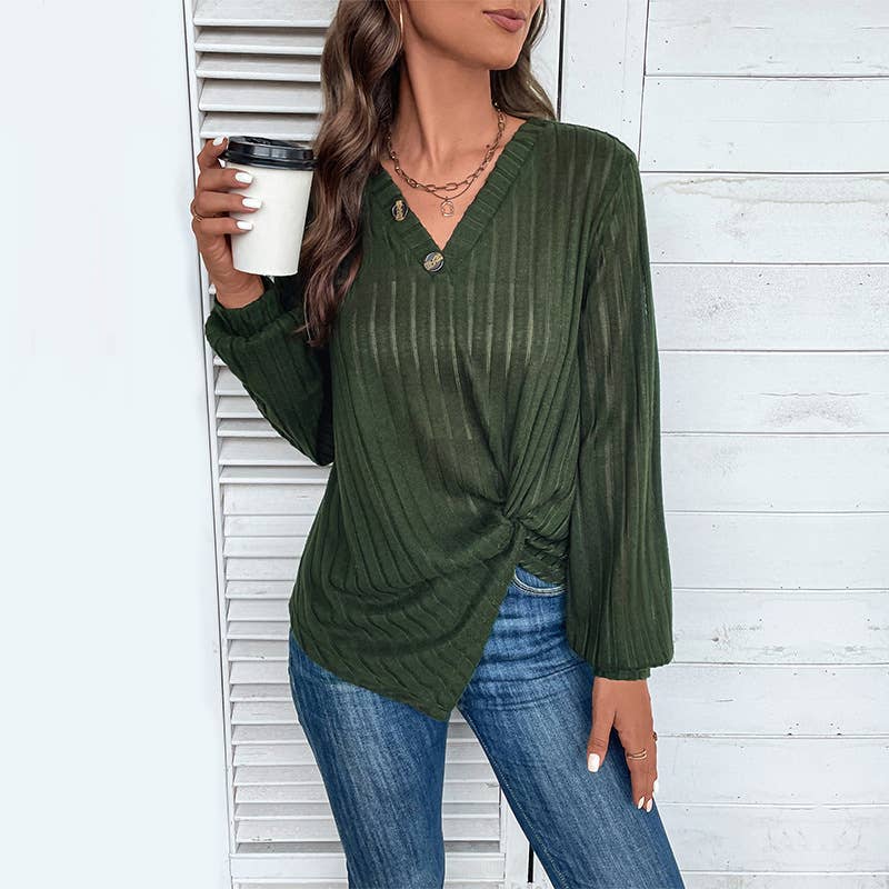 V-NECK TEXTURE SOLID COLOR PIT STRIP SWEATER