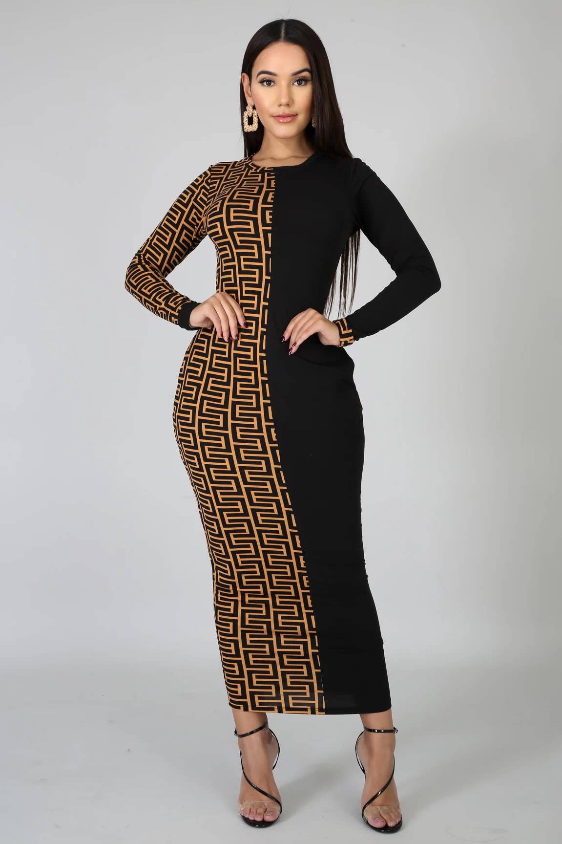 PATCHWORK PRINT FASHION SLIM-FIT LONG DRESS