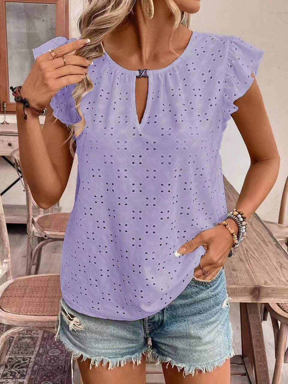 Jacquard V-neck pusher short-sleeved T-shirt