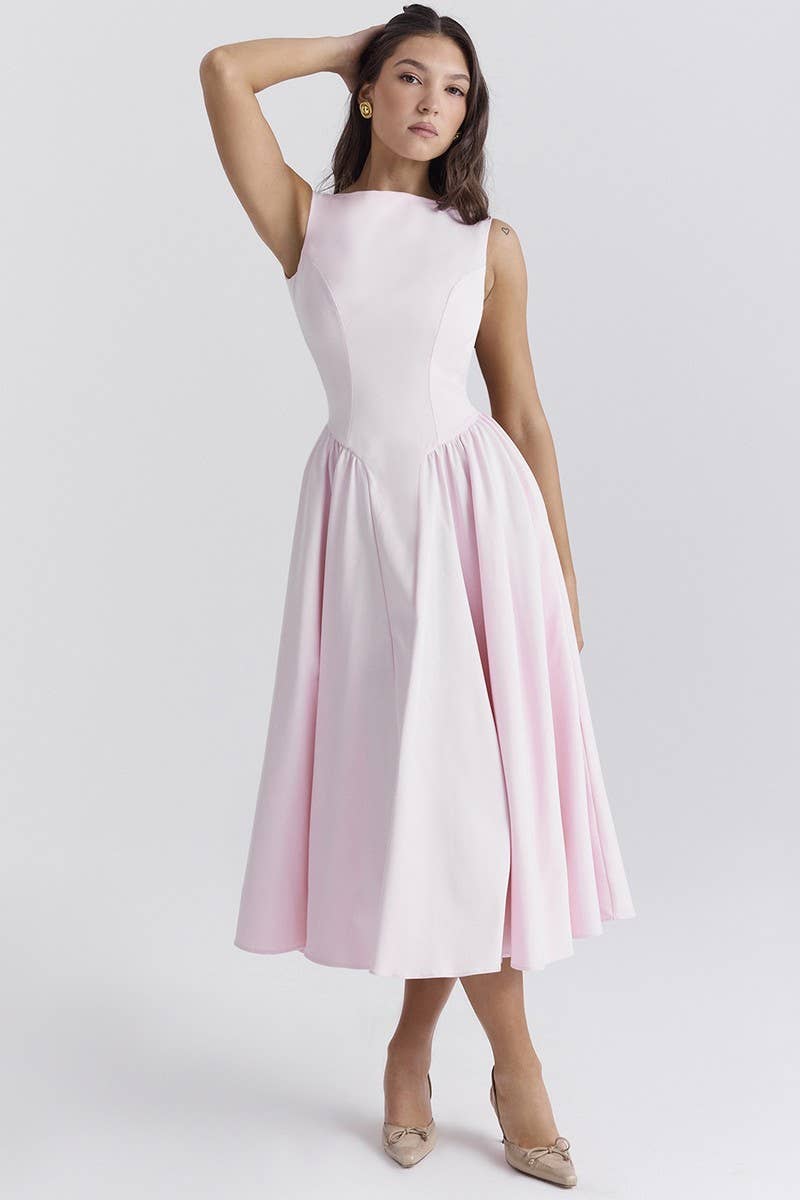 CWDMD5549_LUXURY MONOCHROME ROUND NECK BACKLESS DRESS