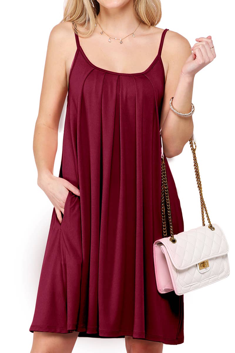 CWDSD10371-P_PLEATS DETAILED DRESS WITH POCKET AND STRAP