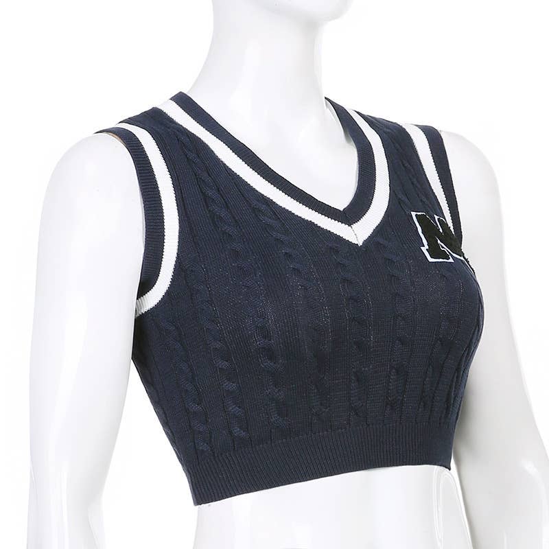 SLEEVELESS LETTER COLOR PATCHWORK V-NECK VEST