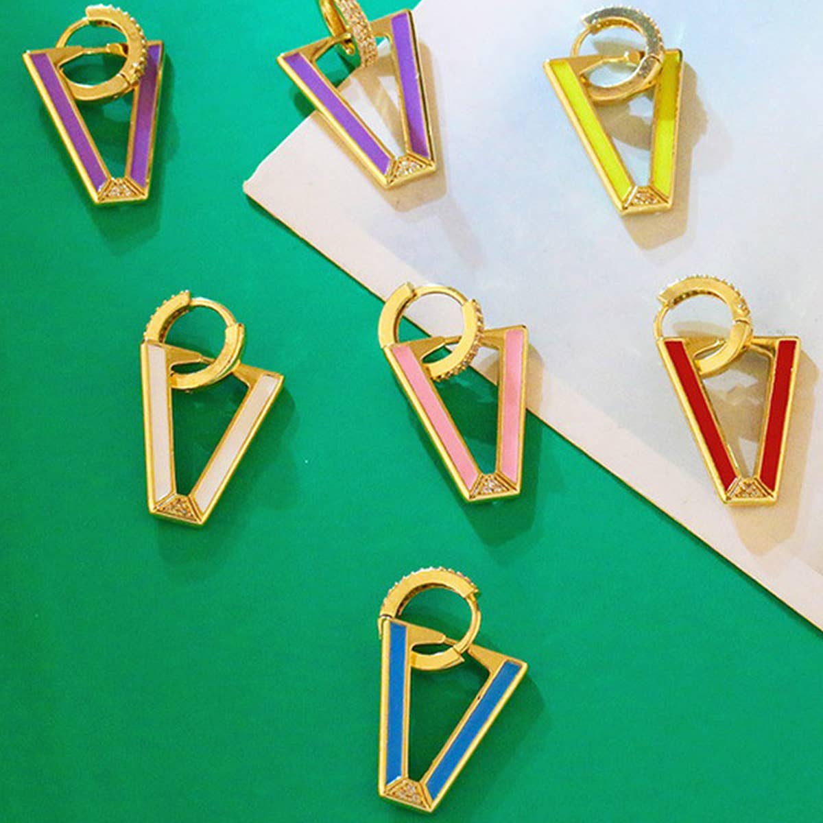 COLORFUL ZIRCON INVERTED TRIANGLE V SHAPED EARRING