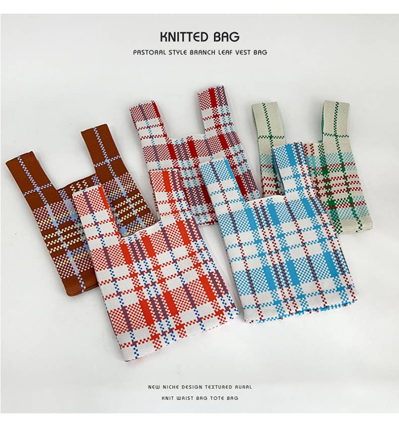 Colorful checkered knitted single-shoulder bag