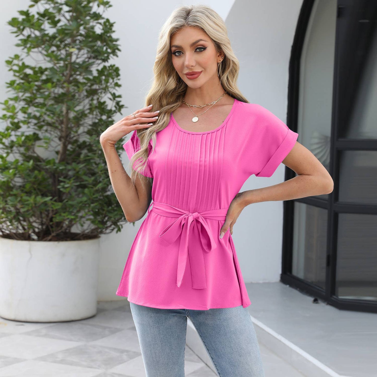 Ruffled round neck short sleeved casual shirt