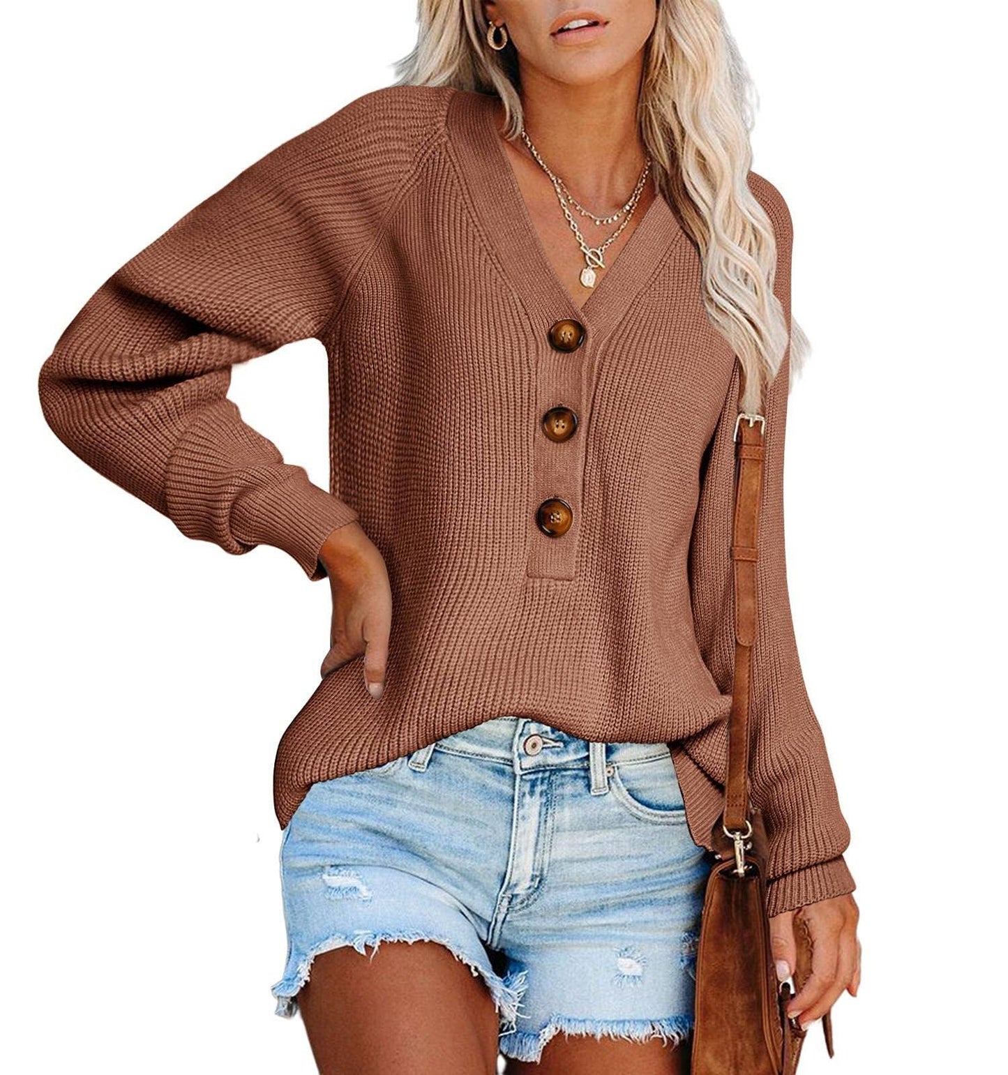 KNIT PULLOVER V-NECK SINGLE BREASTED SWEATER