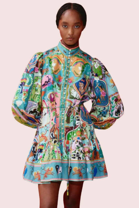 CWDSD8250_FASHIONABLE PUFF SLEEVE RUFFLE HEM DRESS