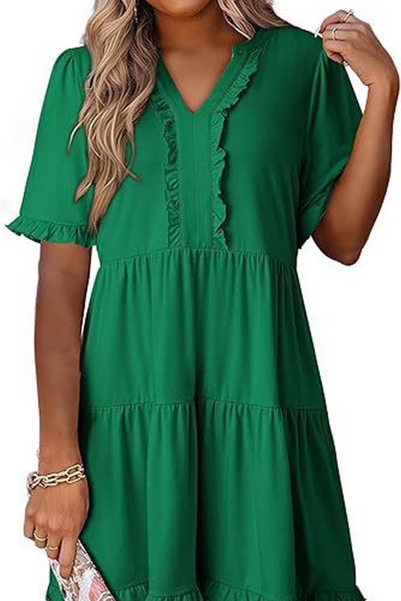 CWDSD8780_V-NECK SHORT-SLEEVED CASUAL A-LINE RUFFLED MINI DR