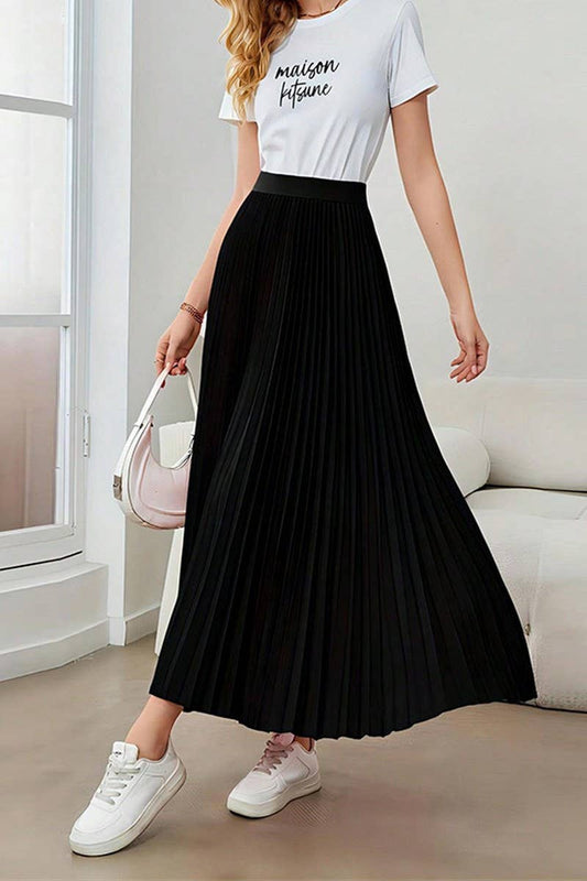 CWBLS0513_PLEATED FLARED A-LINE POLYESTER MIDI SKIRT