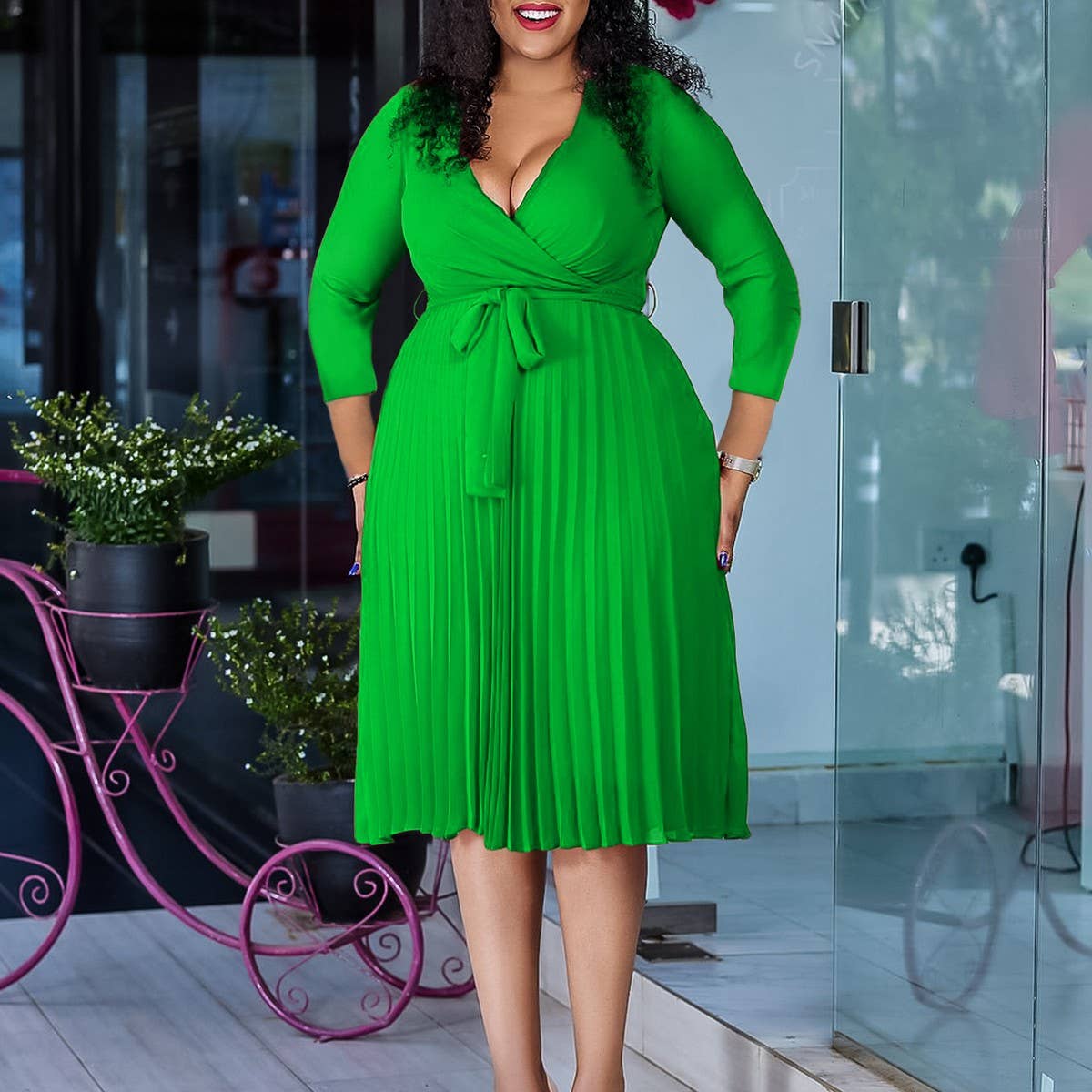 SOLID COLOR V-NECK LONG SLEEVE PLEATED SKIRT DRESS_CWDSD6145