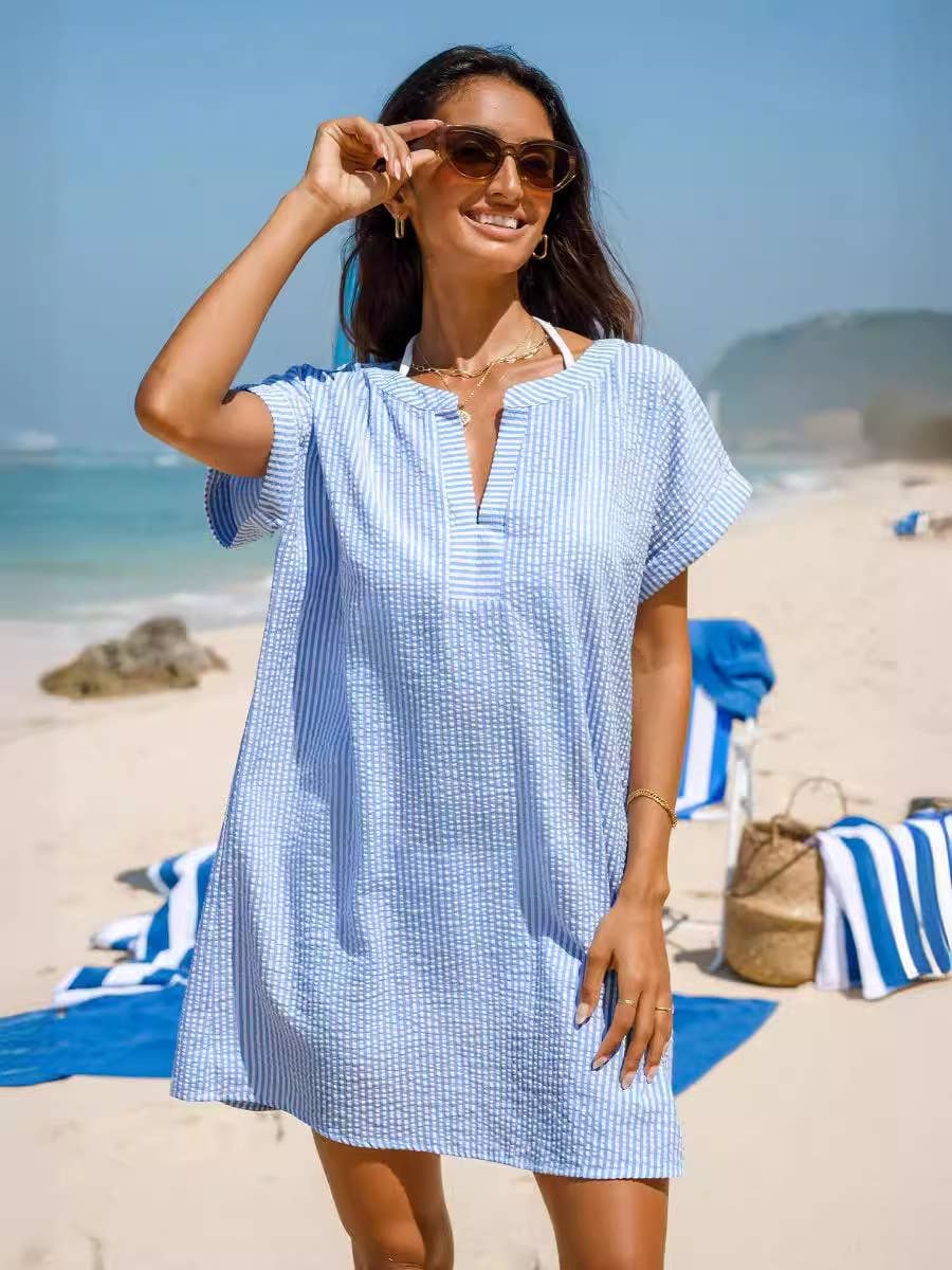 LOOSE STRIPED SUNBLOCK SHIRT DRESS