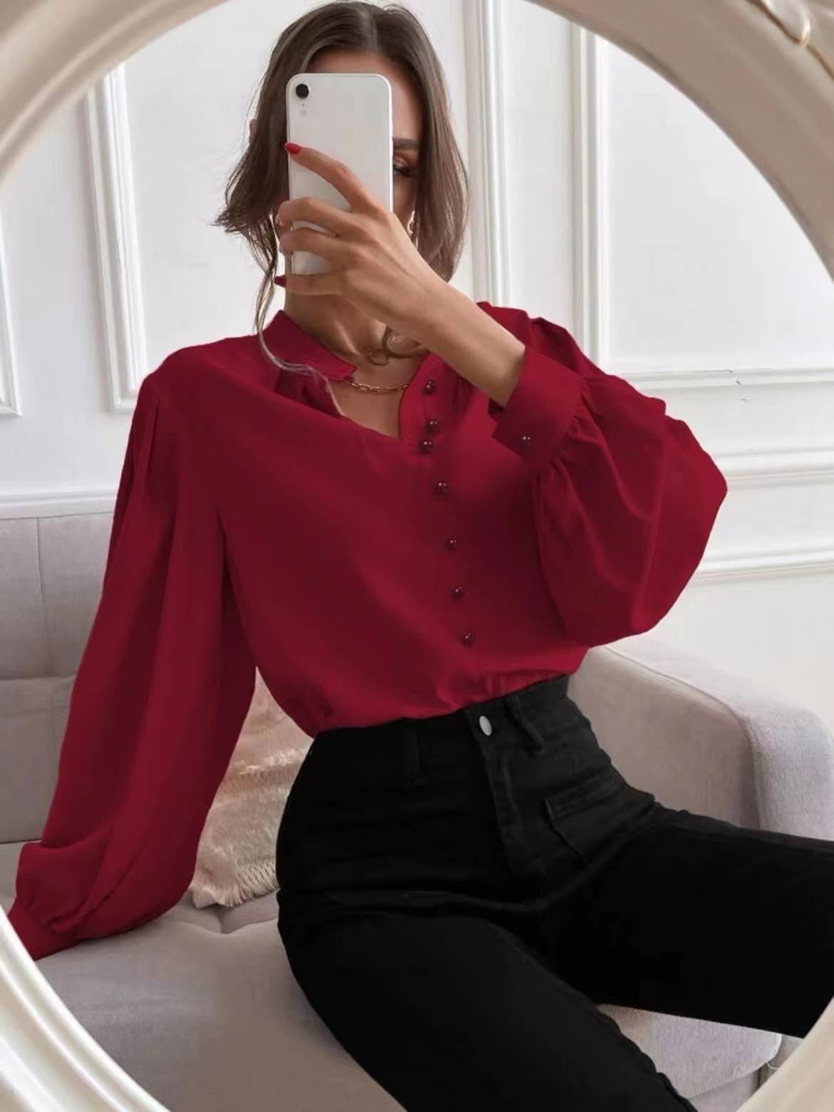 Solid-color long-sleeved single-breasted shirt