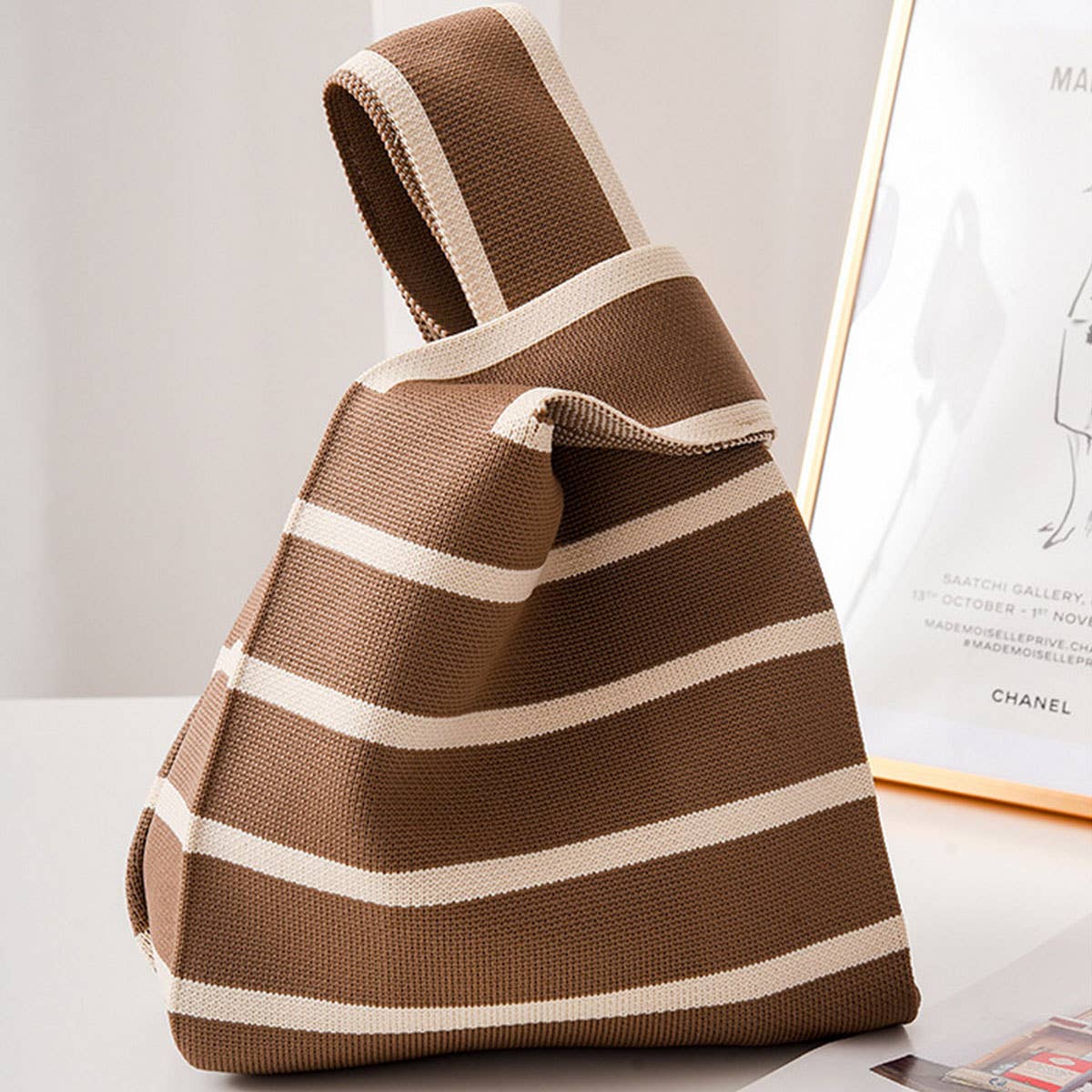 STRIPE PRINT CROCHET TOTE BAG MINI CLUTCH PURSE_CWAB0881