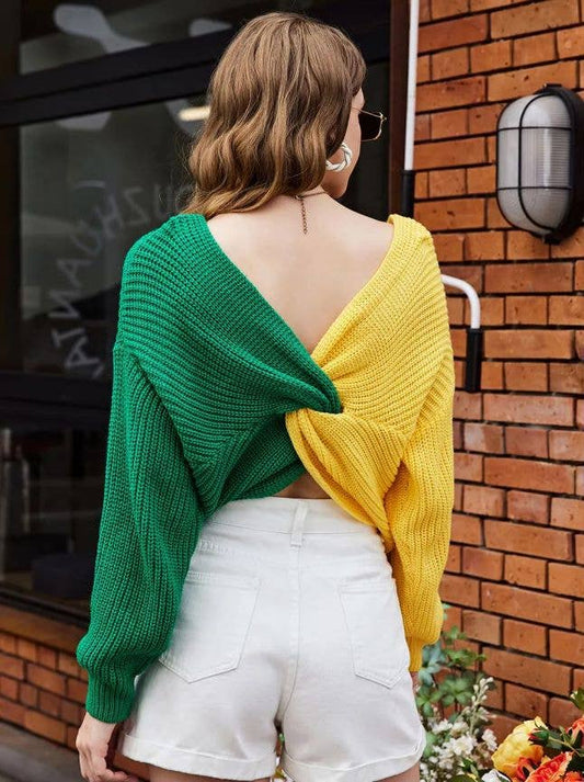 LONG SLEEVE COLOR CONTRAST V-NECK SWEATER