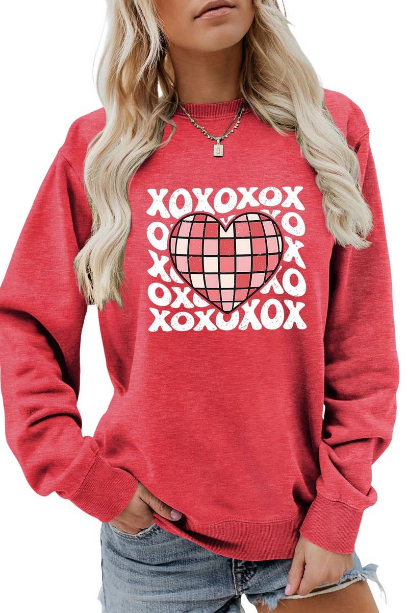 VALENTINE DAY XO PLAID HEART PRINT SWEATSHIRT_CWTSTL0981