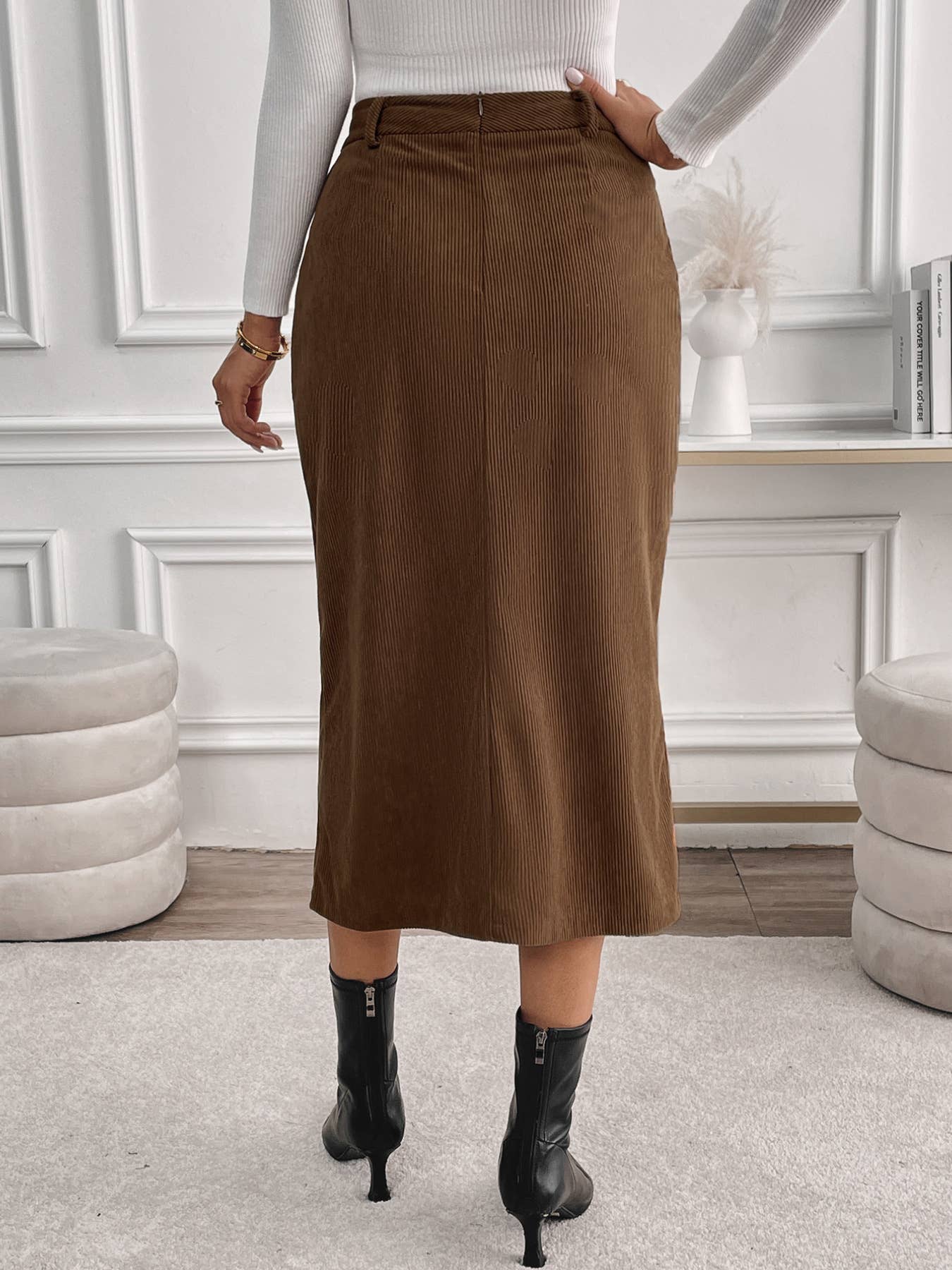 High-waisted straight-leg corduroy slit skirt