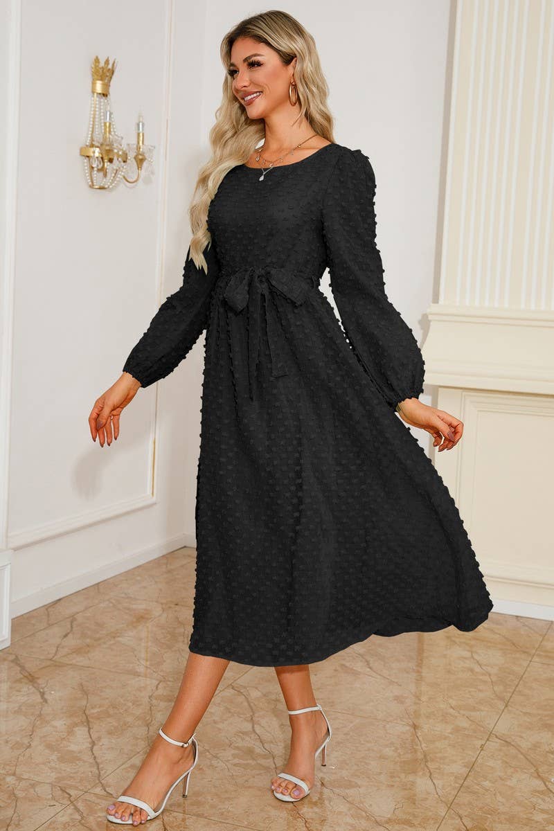 CWDMD3996_ROUND NECK TIE JACQUARD LONG SLEEVE DRESS