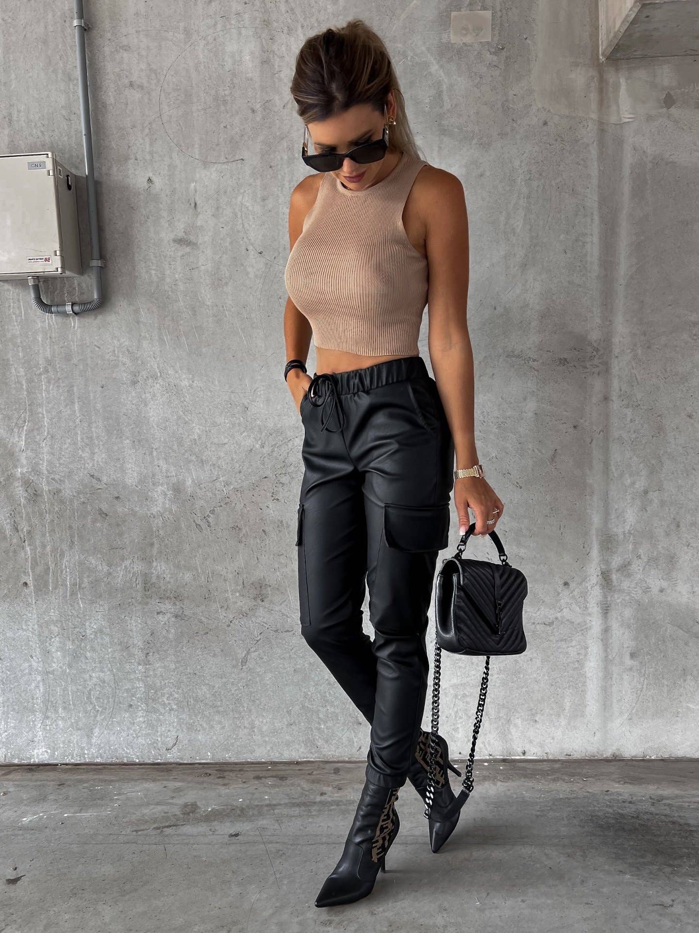 Waist-cinching street drawstring leather pants