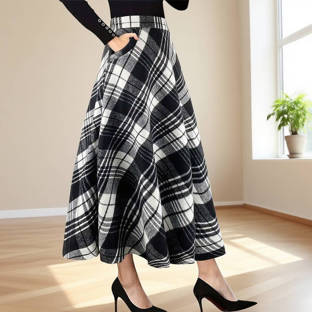 Plaid woolen cloth large pockets long skirts