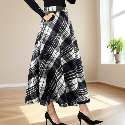 Plaid woolen cloth large pockets long skirts