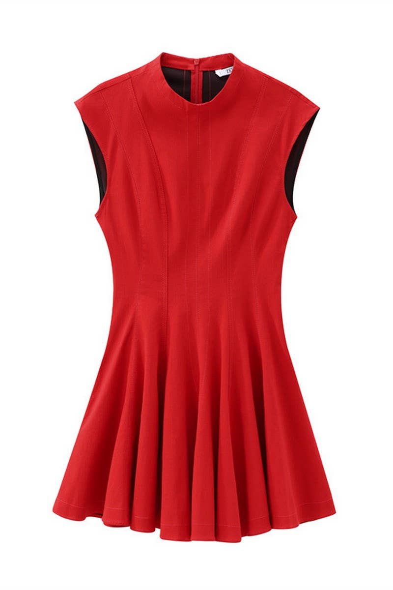 CWDSD6644_ROUND NECK SLEEVELESS SHORT PLEATED DRESS