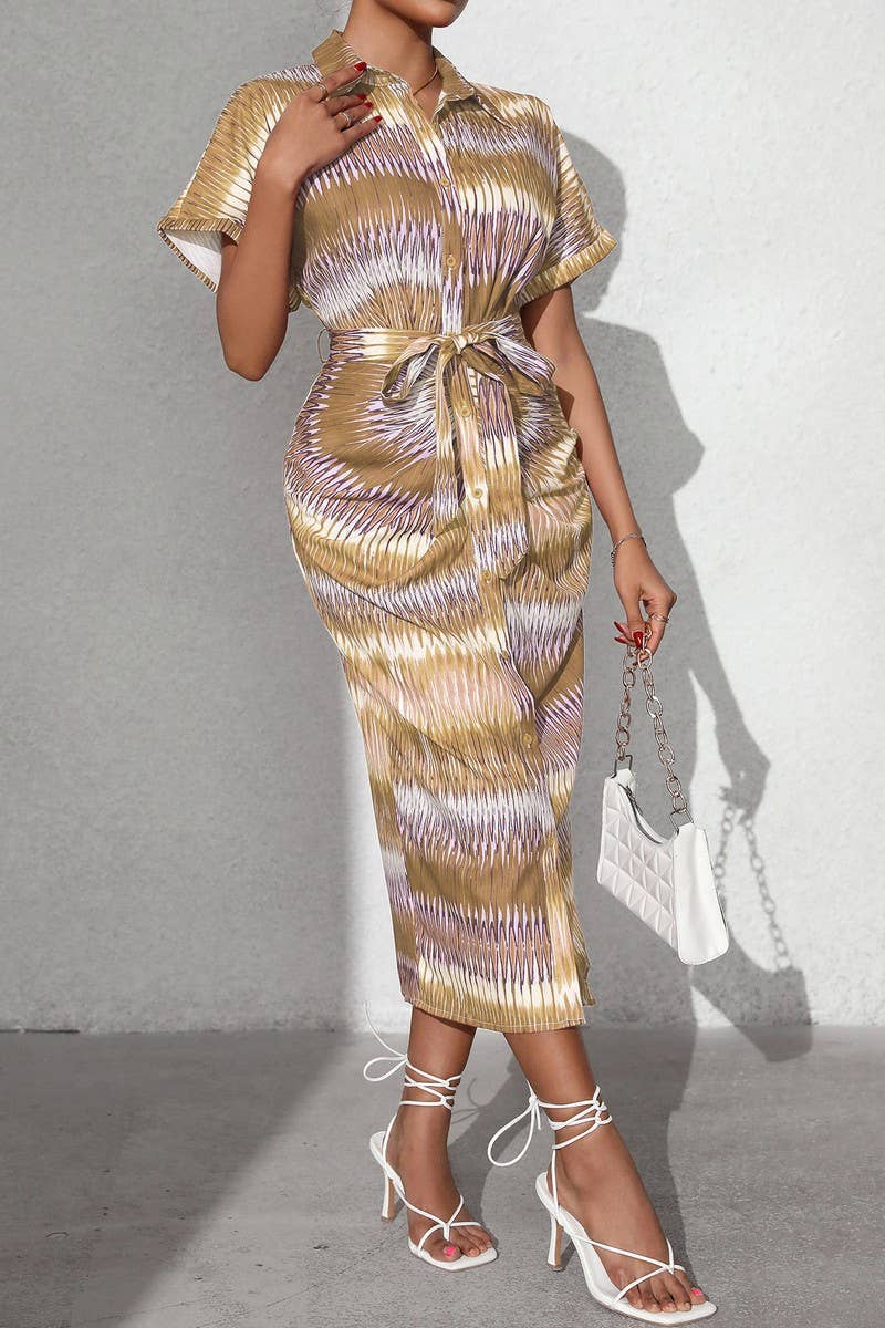 CWDMD5342_STRIPED TIE WAIST BUTTON FRONT MIDI SKIRT DRESS