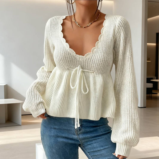 V-neck drawstring tie ruffled hem knit sweater