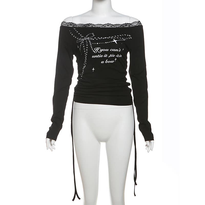 FASHION LACE LETTER-PRINTED LONG SLEEVE TOP