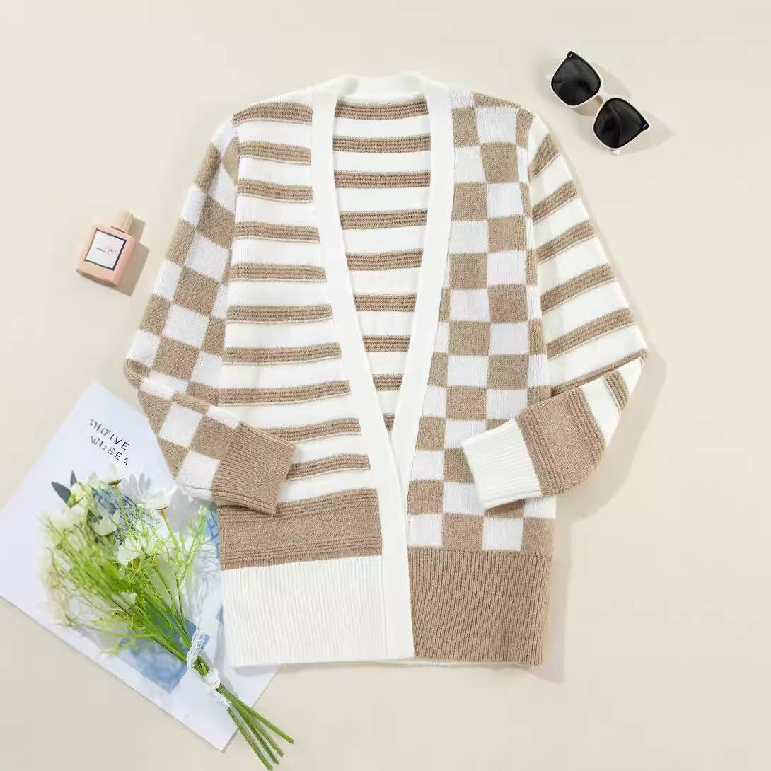 FASHION LOOSE PLAID COLOR MATCHING KNIT CARDIGAN