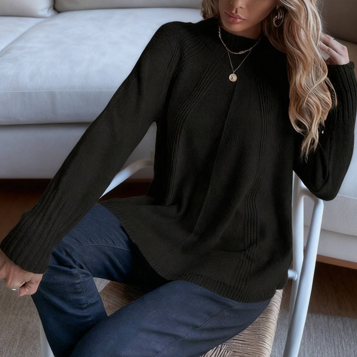 Versatile slit knitted long-sleeved sweater