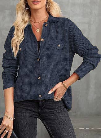 WAFFLE KNIT JACKET CASUAL BUTTON-DOWN SHIRT