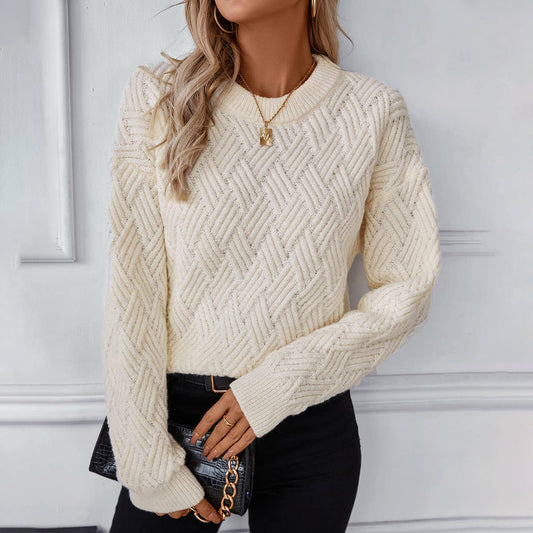 SOLID COLOR TWIST KNIT VINTAGE CREW-NECK SWEATER