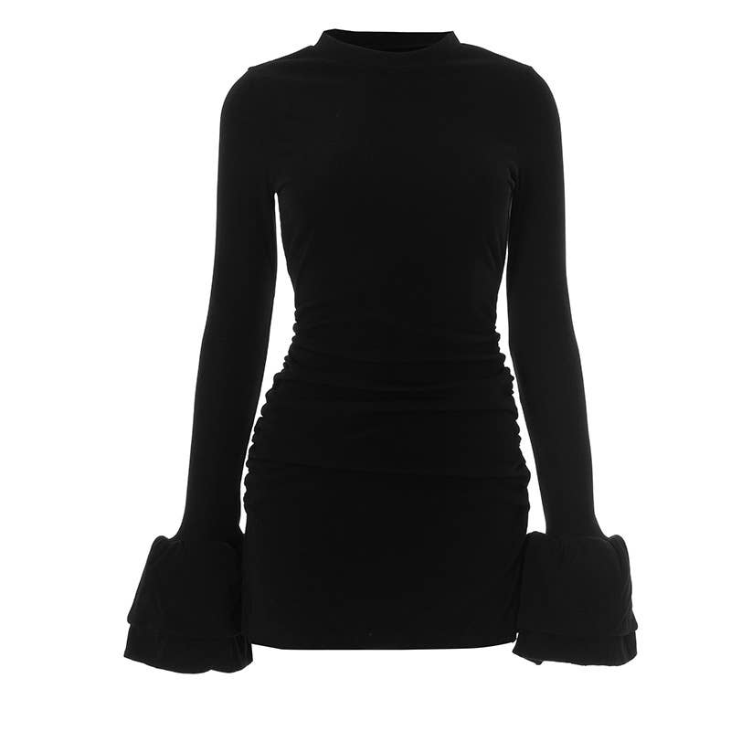 SOLID COLOR ROUND NECK LACE PLEATED SHORT DRESS