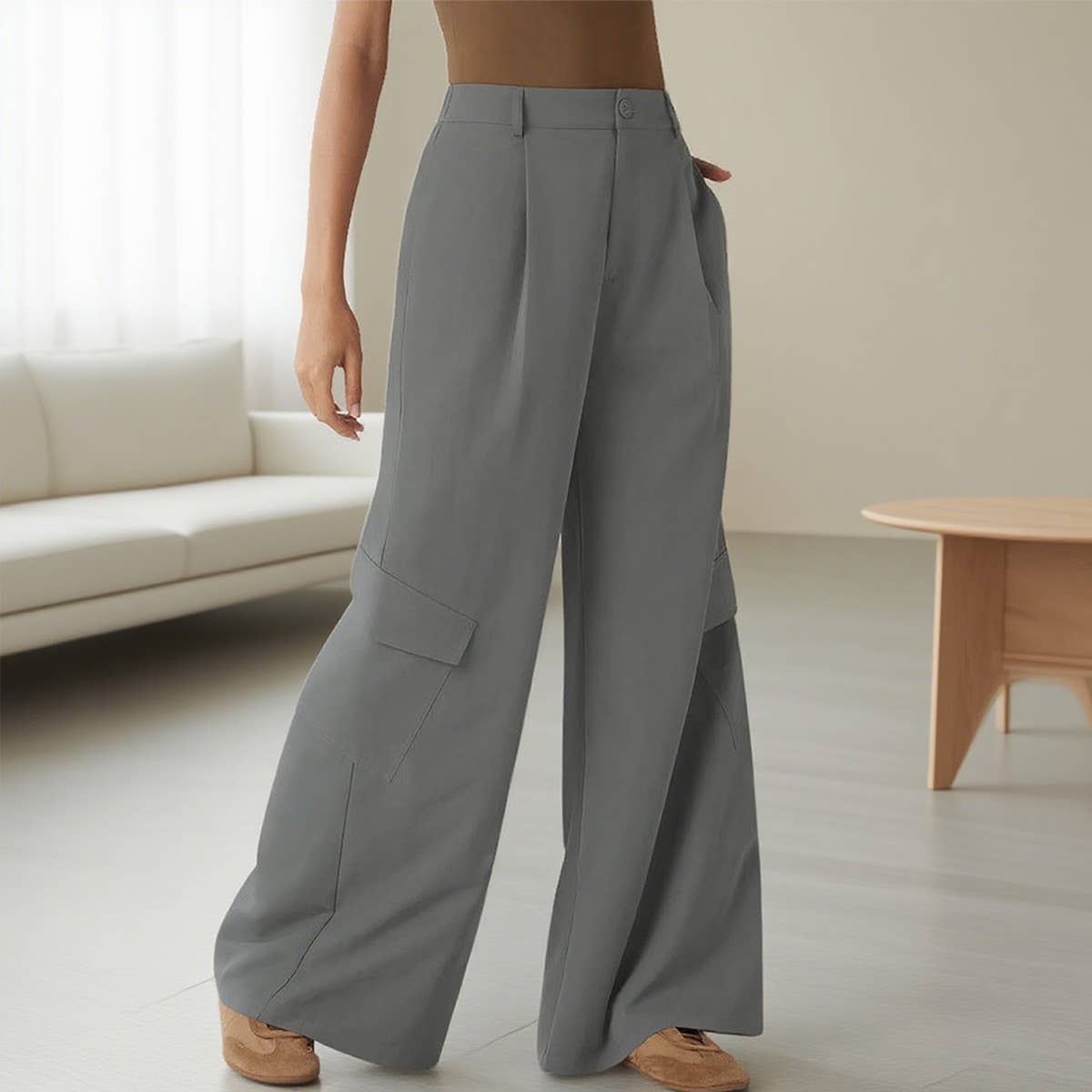 Solid-color high-waisted straight-leg workwear