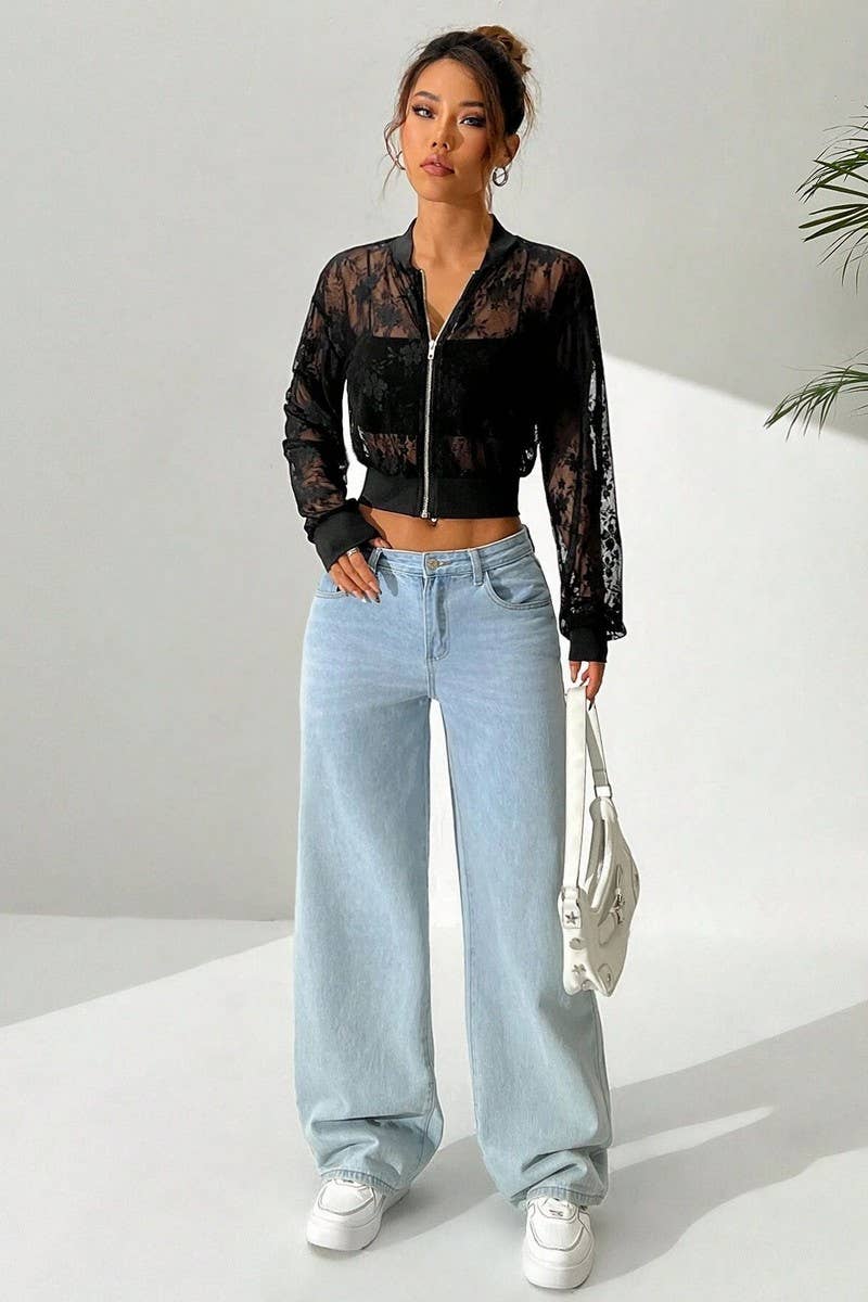 CWOCO1139_JACQUARD LACE SEE-THROUGH ZIP-UP BOMBER JACKET