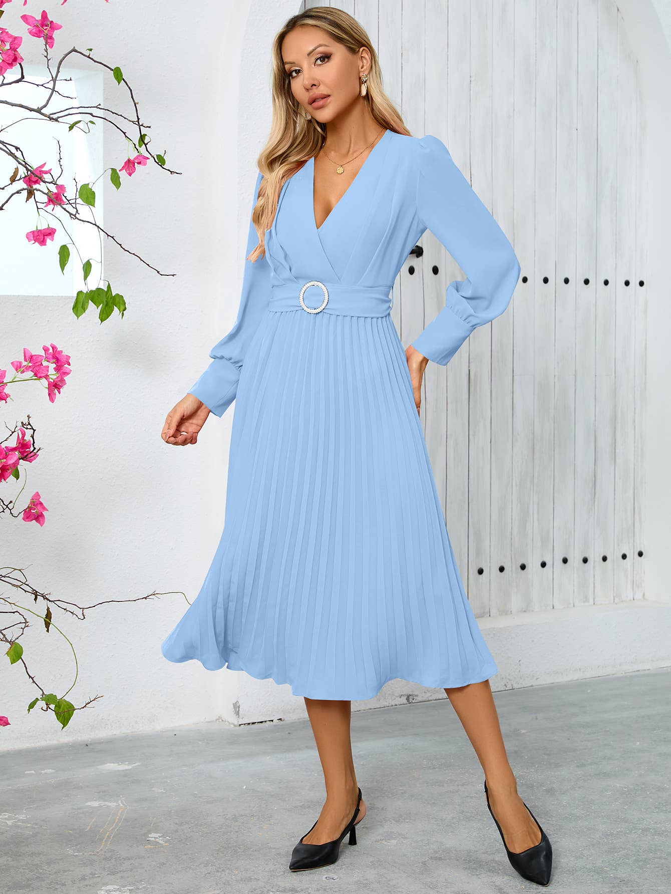 Elegant Pleated V-Neck Long Sleeve Bodycon Dress